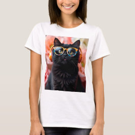 Camiseta Gato preto bonito com óculos e fones de ouvido