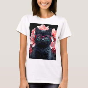 Camiseta Gato preto bonito com óculos e fones de ouvido