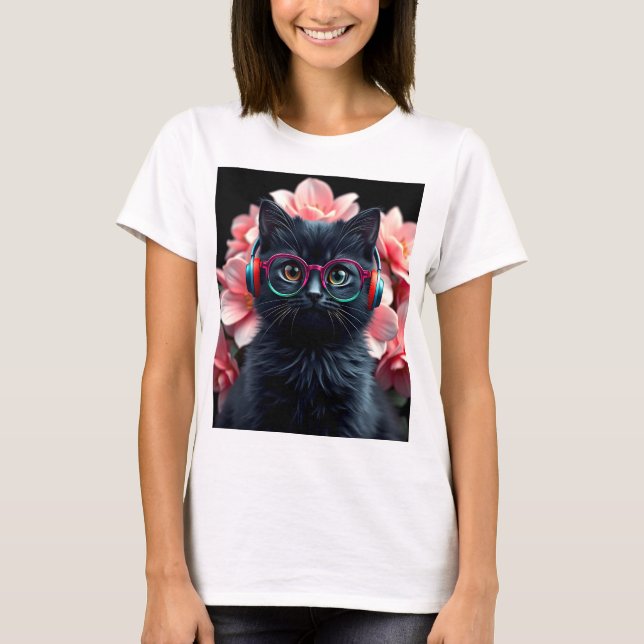 Camiseta Gato preto bonito com óculos e fones de ouvido (Frente)
