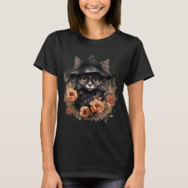 Camiseta Gato preto bonito no chapéu de uma bruxa