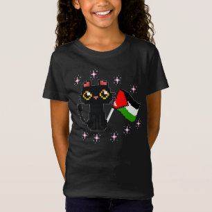 Camiseta gato preto bonito segura bandeira da Palestina