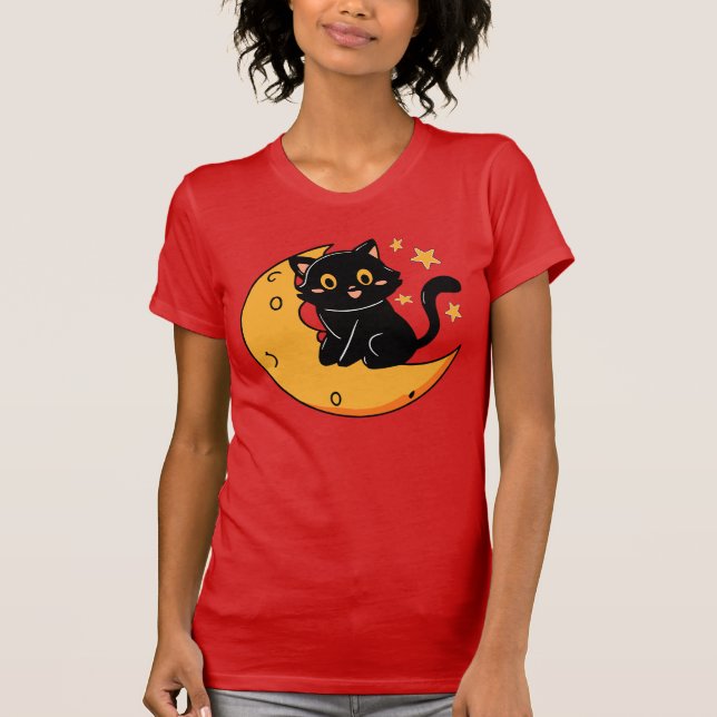 Camiseta Gato preto bonito sentado na lua (Frente)