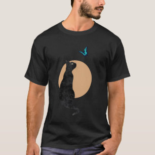 Camiseta Gato Preto & Borboleta Azul Estilo Retro Minimalis