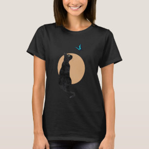 Camiseta Gato Preto & Borboleta Azul Estilo Retro Minimalis