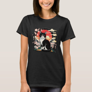 Camiseta Gato preto branco com flores de cerejeira e pôr do