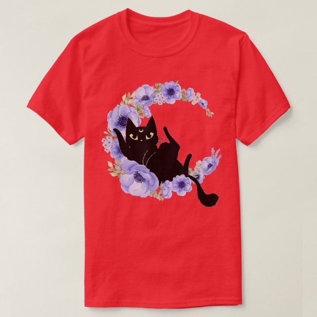 Camiseta Gato preto-branco Crescente Flor Azul Lua Luna Cel (Frente do Design)