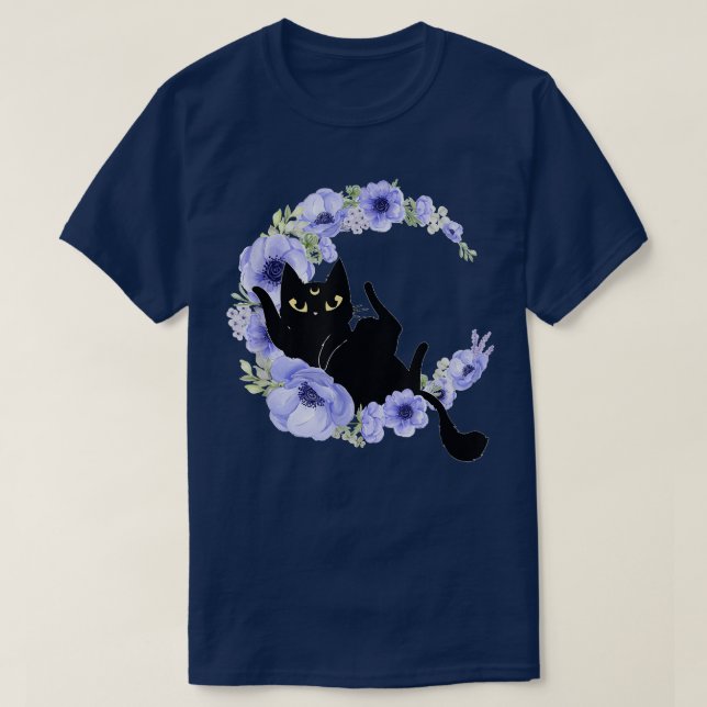 Camiseta Gato preto-branco Crescente Flor Azul Lua Luna Cel (Frente do Design)