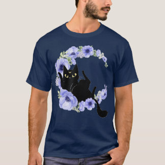 Camiseta Gato preto-branco Crescente Flor Azul Lua Luna Cel