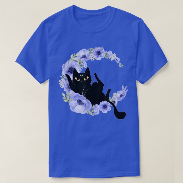 Camiseta Gato preto-branco Crescente Flor Azul Lua Luna Cel (Frente do Design)
