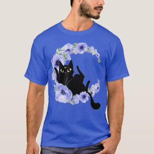 Camiseta Gato preto-branco Crescente Flor Azul Lua Luna Cel