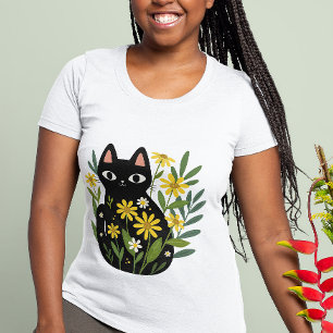 Camiseta Gato Preto Caprichoso com Flores Amarelas 