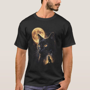 Camiseta Gato Preto Celestial Uivando para a Lua Vintage 90
