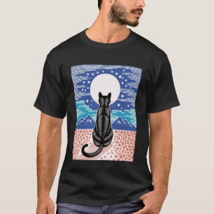 Camiseta Gato Preto Cena Noturna Flor de Cerejeira Lua Mont
