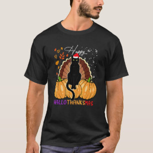 Camiseta Gato Preto Chapéu de Papai Noel Feliz Hallothanksm