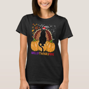Camiseta Gato Preto Chapéu de Papai Noel Feliz Hallothanksm