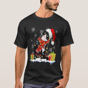 Camiseta Gato Preto Chapéu de Papai Noel Luzes de Natal Gar