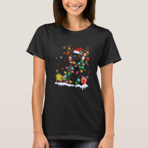 Camiseta Gato Preto Chapéu de Papai Noel Rena Luzes de Nata