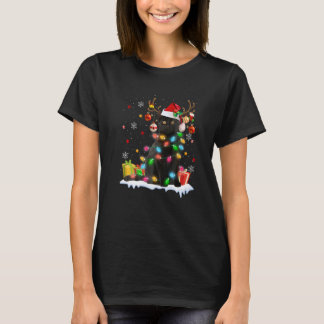 Camiseta Gato Preto Chapéu de Papai Noel Rena Luzes de Nata