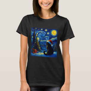Camiseta Gato Preto Chapéu de Papai Noel Van Gogh Noite Est