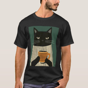 Camiseta Gato Preto Chic & Bebendo Café para Amantes de Gat