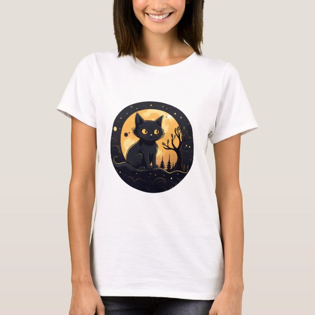 Camiseta Gato Preto Cinto Cheio Lua Moderno Halloween (Frente)