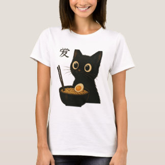 Camiseta Gato Preto Cinto Que Gosta De Ramen - Engraçado e