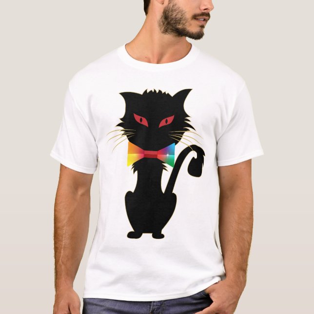 Camiseta Gato Preto Cinto Vermelho Olhos Arco-Íris Trabalho (Frente)