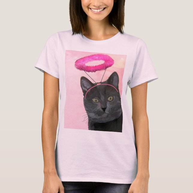 Camiseta Gato Preto com Anjo Rosa Halo (Frente)