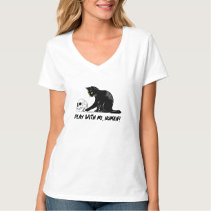 Camiseta Gato Preto Com Caveira Brincando Comigo Cansado