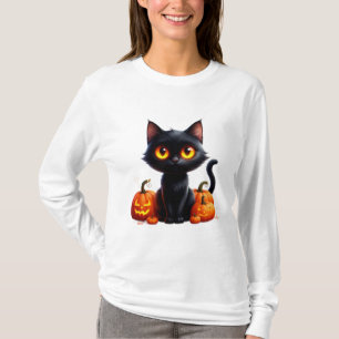 Camiseta Gato Preto Com Cena de Halloween de Abóbora