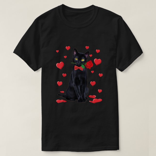 Camiseta Gato Preto Com Dia de os namorados Rosa, Namorados (Frente do Design)
