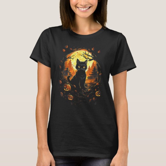 Camiseta Gato Preto Com Jackolantern e Lua Cheia - Hallow (Frente)