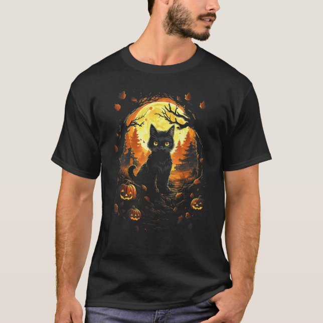 Camiseta Gato Preto Com Jackolantern e Lua Cheia - Hallow (Frente)