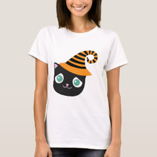 Camiseta Gato Preto com Olhos Tristes e Chapéu Branco