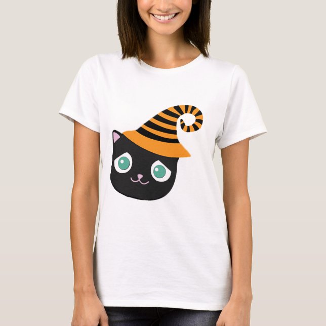 Camiseta Gato Preto com Olhos Tristes e Chapéu Branco (Frente)