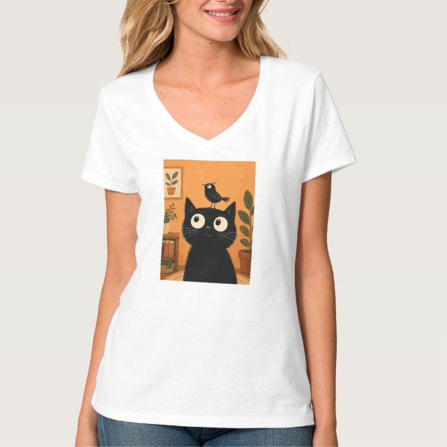Camiseta Gato Preto Com Pássaro Na Cabeça Botânico Capricho (Frente)