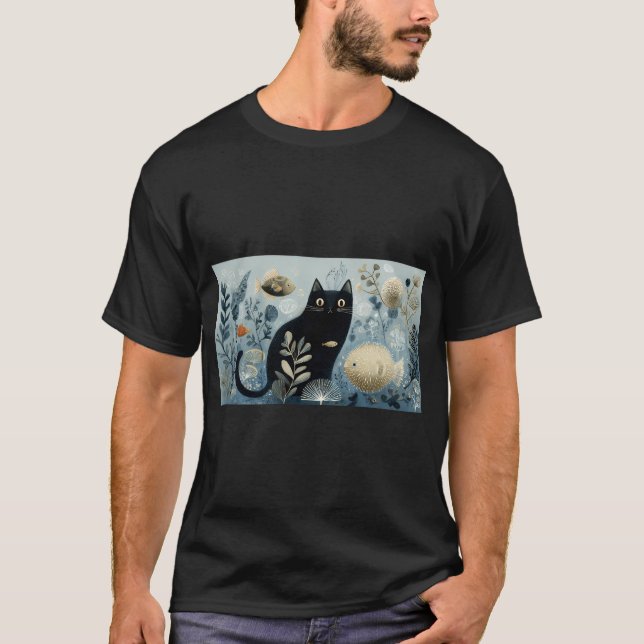 Camiseta Gato preto com peixe em cena de água (Frente)