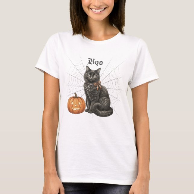 Camiseta Gato preto com teia de aranha e Jack o Lanterna. B (Frente)