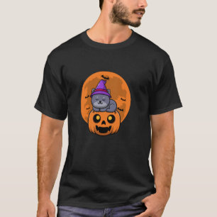 Camiseta Gato Preto com Vela de Chapéu de Bruxa e Abóbora A