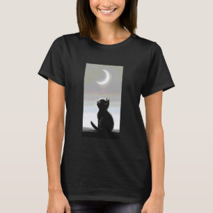 Camiseta Gato Preto Contemplando a Lua Crescente Minimalist