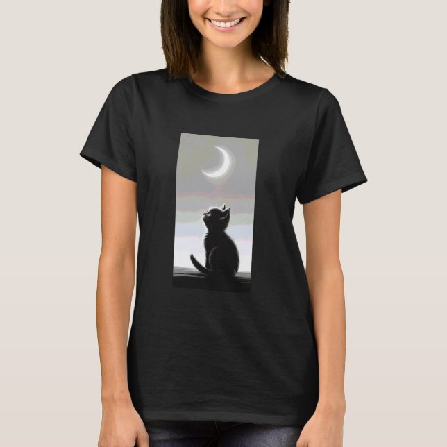 Camiseta Gato Preto Contemplando a Lua Crescente Minimalist (Frente)
