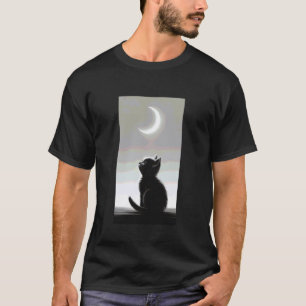 Camiseta Gato Preto Contemplando a Lua Crescente Minimalist