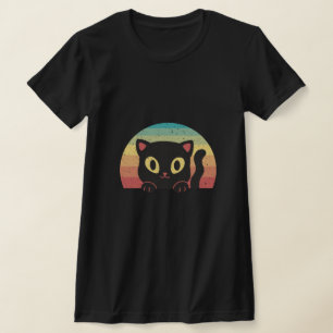 Camiseta Gato Preto Curioso – Estética Retro de Pôr do Sol