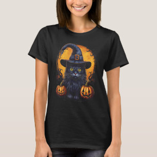 Camiseta Gato Preto de Abóbora do Dia das Bruxas Chapéu de