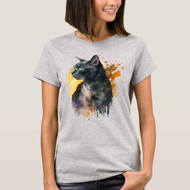Camiseta Gato Preto de Aquarela (Frente)