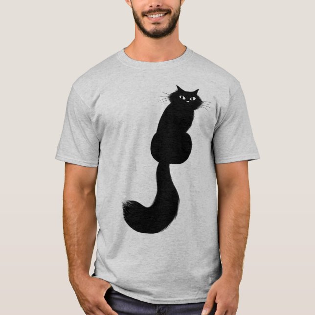 Camiseta Gato Preto De Cabelo Longo Olhando Para O Ombro (Frente)