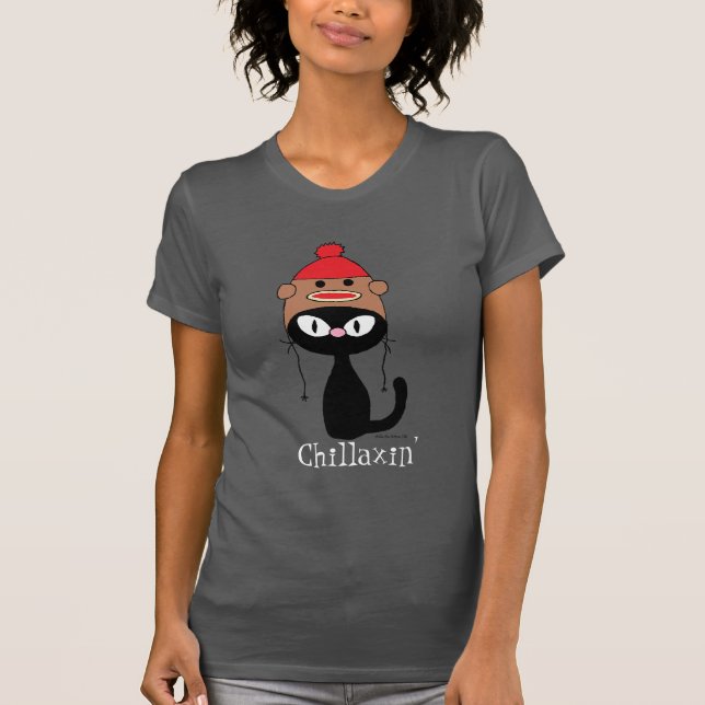 Camiseta Gato Preto De Chillaxin Com Chapéu Macaco De Meia (Frente)