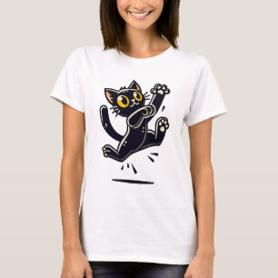 Camiseta Gato Preto de Desenho Animado Saltitante