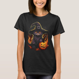 Camiseta Gato Preto de Halloween Abóbora Bruxa Chapéu Gatin