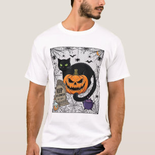 Camiseta Gato Preto de Halloween Abóbora Lápide Caldeirão